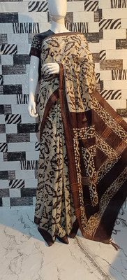 Luxury Silk Printed Hand Batik Handloom Cotton Blend Saree(Brown)