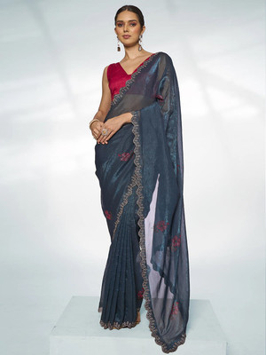 Kalista Embellished Bollywood Chiffon Saree(Dark Blue)