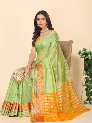 Leeza Store Self Design, Woven, Solid/Plain Banarasi Silk Blend, Cotton Blend Saree(Green)