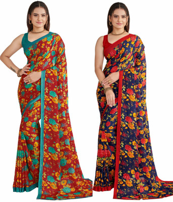 The Textile Hub Floral Print Bollywood Georgette Saree(Pack of 2, Multicolor)