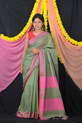 Ahana Textile Printed Handloom Cotton Blend Saree(Light Green)