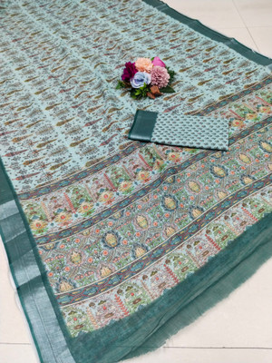 PRTRENDZ Woven Kanjivaram Pure Cotton, Cotton Linen Saree(Light Blue)