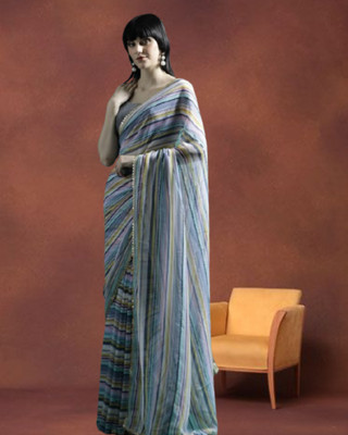 Jayu Digital Print, Embroidered, Printed, Striped Bollywood Georgette Saree(Blue)