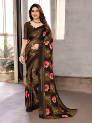 The Textile Hub Self Design Bollywood Georgette Saree(Brown)