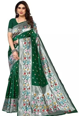 HouseOfCommon Self Design, Paisley, Digital Print, Blocked Printed, Woven, Graphic Print, Checkered Banarasi Jacquard, Art Silk Saree(Green)