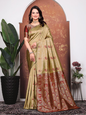 maayro Embellished Banarasi Silk Blend Saree(Beige)