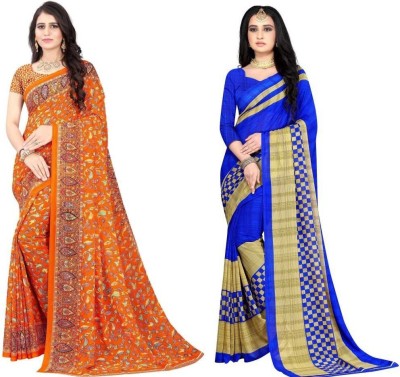 Leelavati Printed Daily Wear Georgette Saree(Pack of 2, Blue, Orange)