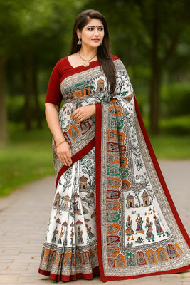 Odissi Fashion Printed Kalamkari Pure Cotton Saree(Multicolor, White)