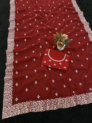 CHAMUNDA CREATION Embroidered Bollywood Organza Saree(Red)