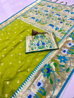 HouseOfCommon Woven Paithani Cotton Silk Saree(Green)