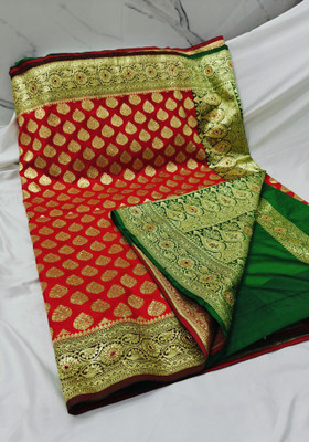 Sijileen Woven, Embellished Banarasi Silk Blend Saree(Red)
