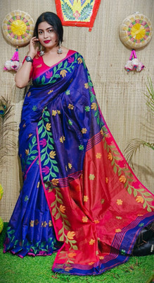 PRANATI ENTERPRISE Woven, Self Design, Floral Print Handloom Pure Cotton, Cotton Silk Saree(Dark Blue)