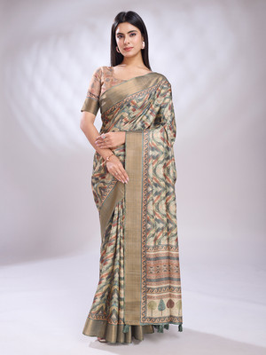 RekhaManiyar Printed Bollywood Silk Blend Saree(Beige)