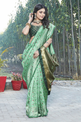 Houri Fab Woven Banarasi Cotton Silk Saree(Dark Green)