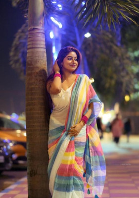 RSEnterprise Checkered, Striped Bollywood Cotton Linen Saree(Mustard, White)