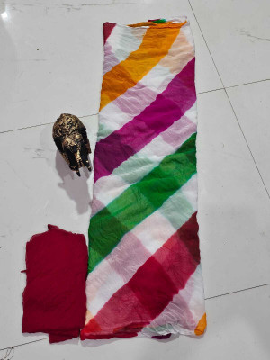 HouseOfCommon Color Block, Printed, Woven Leheria Chiffon Saree(Multicolor)