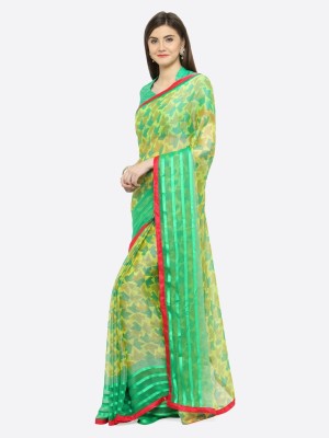 Hritika Floral Print Bollywood Brasso Saree(Green, Yellow)