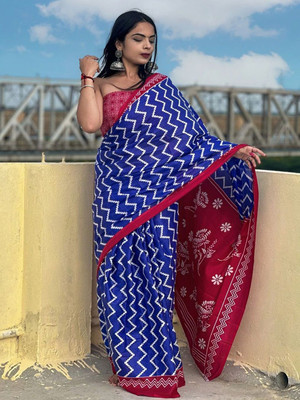 HERE&NOW Printed Ikkat Pure Cotton Saree(Blue)