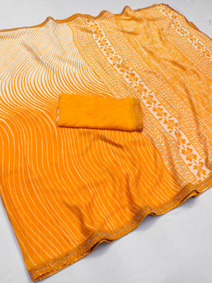 kashvi sarees Printed Leheria Georgette, Lace Saree(Yellow, White)
