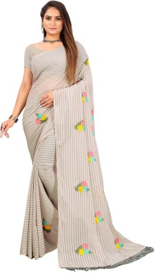 KIWIE Striped Bollywood Chiffon Saree(Beige)