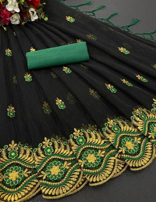 ChamundaTrends Embroidered Bollywood Supernet, Cotton Silk Saree(Black)