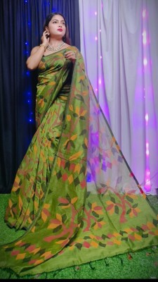 Sandhyatara Printed Handloom Cotton Silk Saree(Dark Green)