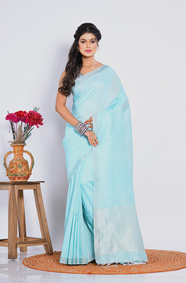 MorChari Floral Print Handloom Cotton Linen Saree(Blue)