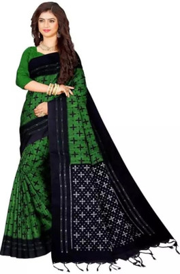 RIDDHIMAN FASHION Printed Sambalpuri Viscose Rayon Saree(Green, Black)