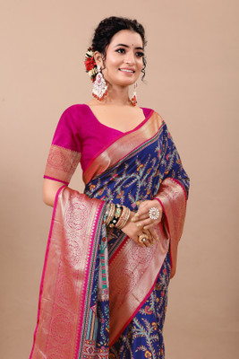 THE PRIVATE LABLE Embroidered Mysore Linen Saree(Dark Blue)