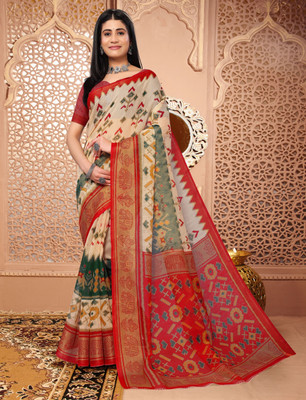 Grubstaker Printed Bollywood Cotton Jute Saree(Multicolor)
