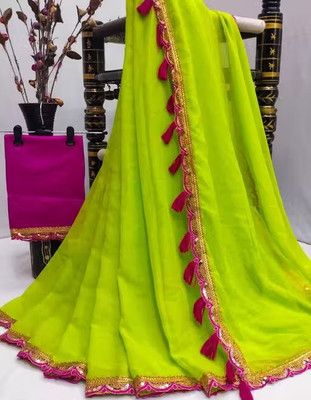 Online Bazaaar Embellished, Embroidered, Solid/Plain Bollywood Chiffon, Pure Silk Saree(Green)