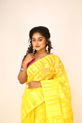 MA TARA TEXTILES ROHIT Floral Print Handloom Cotton Blend Saree(Yellow)