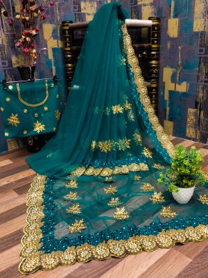 Radheradhey Embroidered, Floral Print Bollywood Net Saree(Dark Green)