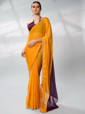 odette Solid/Plain Saree with Attached Blouse Georgette Saree(Mustard, Purple)