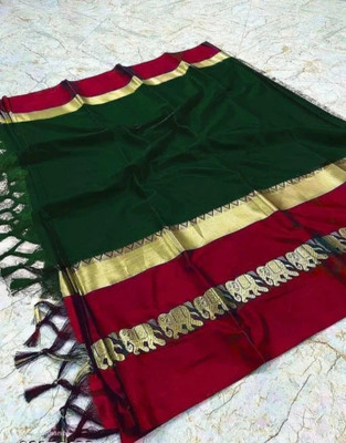 Hashir textile Striped Assam Silk Chiffon Saree(Green)