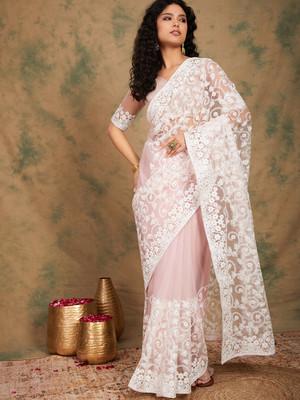 manvaa Embroidered Bollywood Net Saree(Pink)