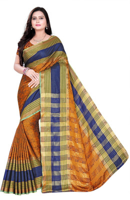 3Buddy Fashion Self Design, Checkered Handloom Cotton Blend, Cotton Silk Saree(Orange)