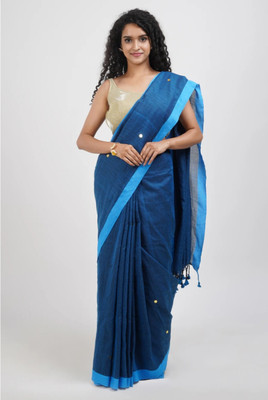 GOURISAREE Solid/Plain Tant Cotton Blend Saree(Blue)