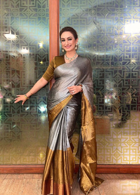 Agamani Self Design Handloom Tissue Saree(Silver, Gold)