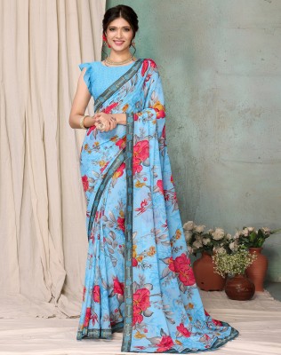 YASHIKA Printed Bandhani Georgette, Lace Saree(Blue)