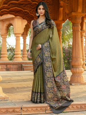 Tasrika Printed Pochampally Silk Blend Saree(Light Green)