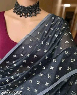Vikash fab Hand Painted Handloom Chanderi Saree(Grey)