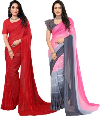 Anand Sarees Striped Bollywood Satin Saree(Pack of 2, Red, Pink, Grey)