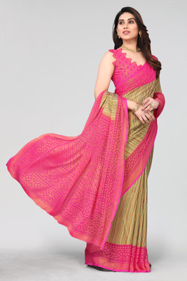 Winza Designer Printed, Striped Daily Wear Chiffon, Brasso Saree(Pink)