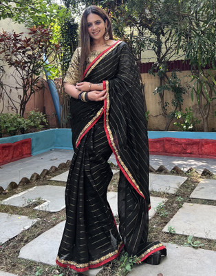 Samah Embroidered, Striped Bollywood Cotton Blend Saree(Black, Gold)