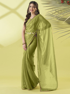 HIYAMI Solid/Plain Bollywood Jimmy choo, Pure Silk Saree(Green)