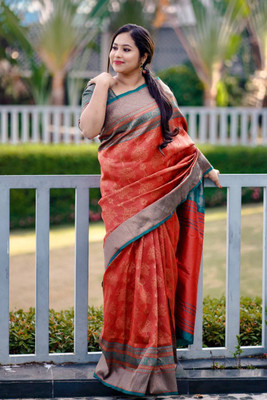 KRIYANSH Woven, Printed, Applique, Embellished Kanjivaram Cotton Blend, Jacquard Saree(Red)