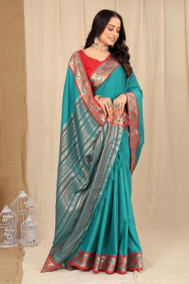 WINKLECART Embellished Dharmavaram Cotton Silk Saree(Dark Green)