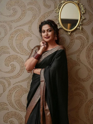 Visit Wear Solid/Plain Kanjivaram Art Silk Saree(Black)