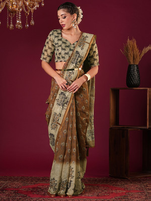 ANOUK Printed Daily Wear Cotton Linen Saree(Brown)